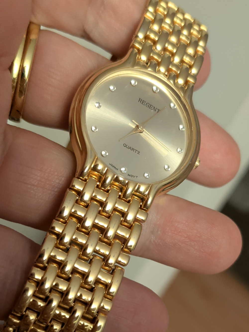 REGENT Yellow Gold Plated Vintage Watch Men's Women's Fits 7.75, Has Battery,Box